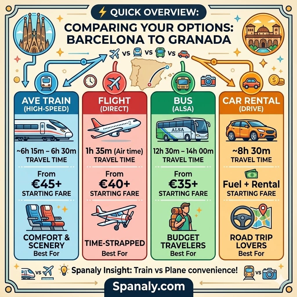 Comprehensive square infographic matrix comparing travel options from Barcelona to Granada. It features columns for Air, High-Speed Train, ALSA Bus, and Car Rental, with icons and bullet points on speed, comfort, budget, and flexibility. Includes Spanaly.com logo.