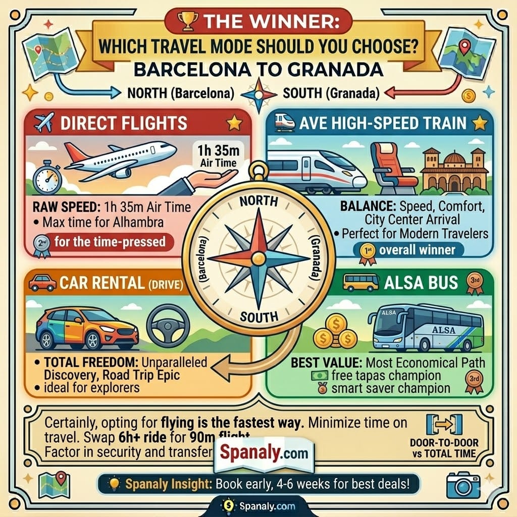 Comprehensive square infographic matrix on how to choose the winning travel mode from Barcelona to Granada. It features columns for Air, High-Speed Train, ALSA Bus, and Car Rental, with comparison icons for speed, cost, comfort, and flexibility. Includes gold, silver, and bronze medals for top categories and the Spanaly.com logo.