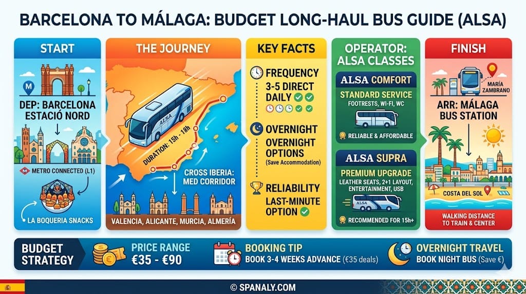 Informative infographic for traveling from Barcelona to Málaga by ALSA bus, comparing Comfort and Supra classes, travel duration, and overnight route options.