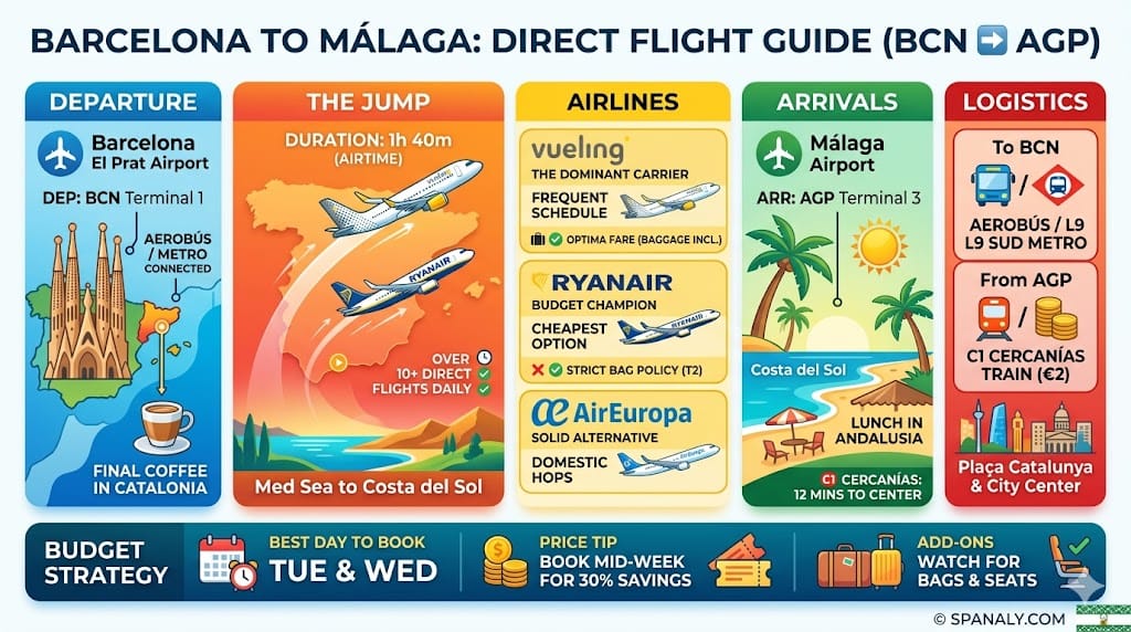 Comprehensive infographic for direct flights from Barcelona El Prat to Málaga Airport, featuring Vueling and Ryanair airline comparisons, travel logistics, and money-saving booking tips.