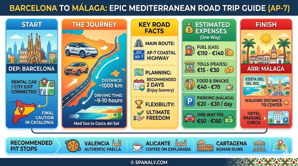 Detailed infographic guide for driving from Barcelona to Málaga via AP-7 Mediterranean highway, featuring estimated travel expenses for fuel, tolls, and food, plus recommended pit stops in Valencia and Alicante.
