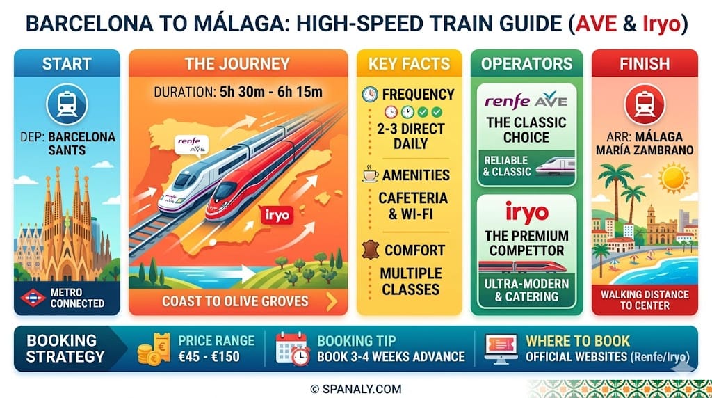 Detailed infographic guide for traveling from Barcelona to Málaga by high-speed train, comparing Renfe AVE and Iryo services, including travel times, stations, and booking tips.
