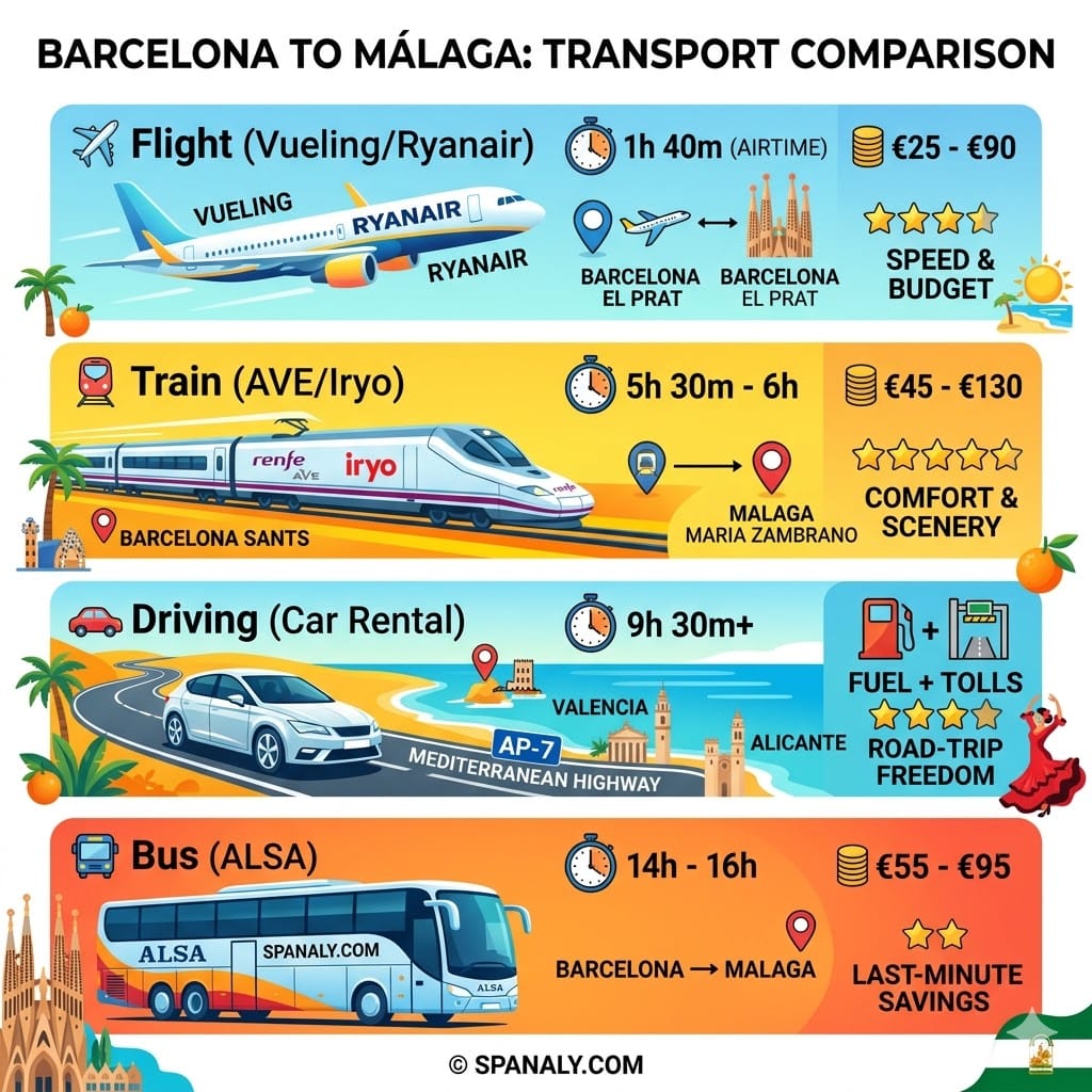 Comprehensive infographic comparing travel options from Barcelona to Málaga by flight, AVE high-speed train, car, and ALSA bus, showing travel time, costs, and comfort levels.
