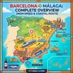 An epic featured infographic map illustrating the complete travel route from Barcelona to Málaga along the Spanish Mediterranean coast, highlighting high-speed trains, ALSA buses, scenic road trip stops, local landmarks, and traditional tapas.