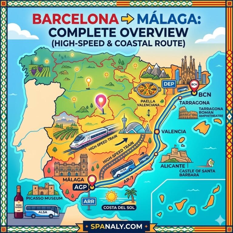 An epic featured infographic map illustrating the complete travel route from Barcelona to Málaga along the Spanish Mediterranean coast, highlighting high-speed trains, ALSA buses, scenic road trip stops, local landmarks, and traditional tapas.