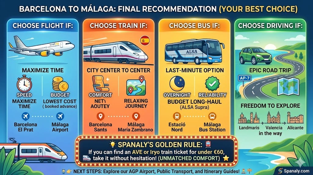 Final recommendation infographic for Barcelona to Málaga travel, comparing flights for speed, high-speed trains for comfort, buses for budget, and driving for Mediterranean road trips, including Spanaly's golden rule for train booking.