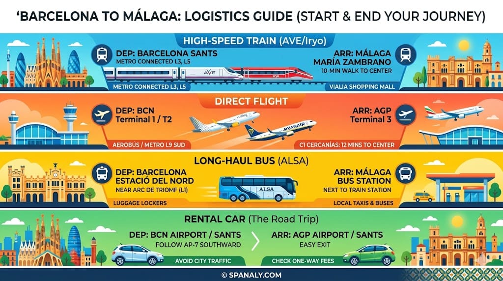 Logistics infographic for Barcelona to Málaga travel showing departure and arrival hubs including Barcelona Sants, El Prat Airport, Estació del Nord, and Málaga María Zambrano station.