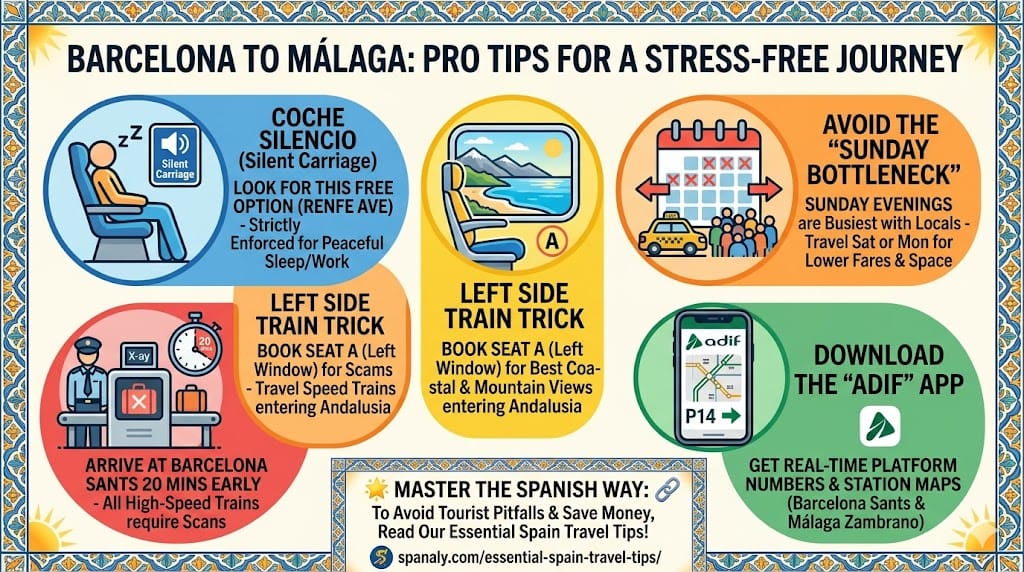 Expert travel tips infographic for Barcelona to Málaga journey, featuring the AVE silent carriage, the left-side seat trick for views, Sunday travel warnings, and essential apps like Adif for Spanish train stations.