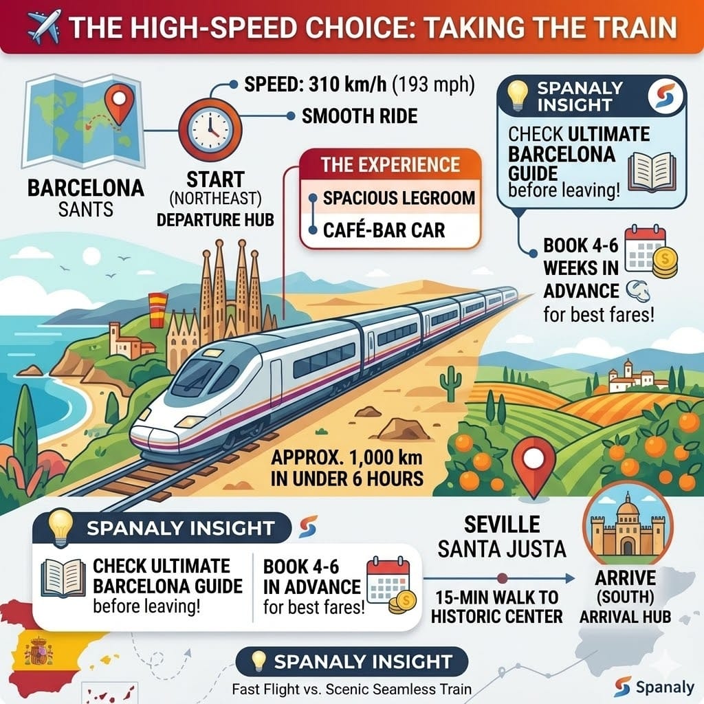 Detailed infographic of the AVE high-speed train journey from Barcelona to Seville showing speed, key stations, and travel tips.