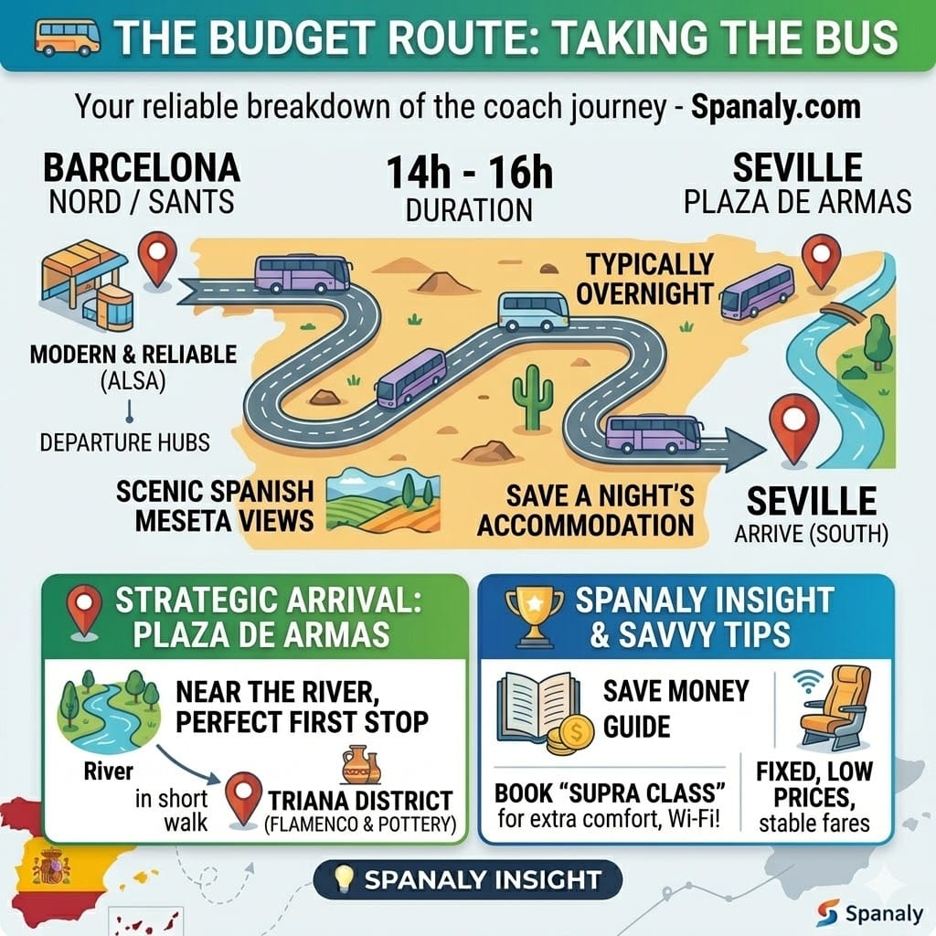 Square infographic detailing the ALSA bus journey from Barcelona to Seville, showing duration, arrival hub, and Spanaly budget tips.