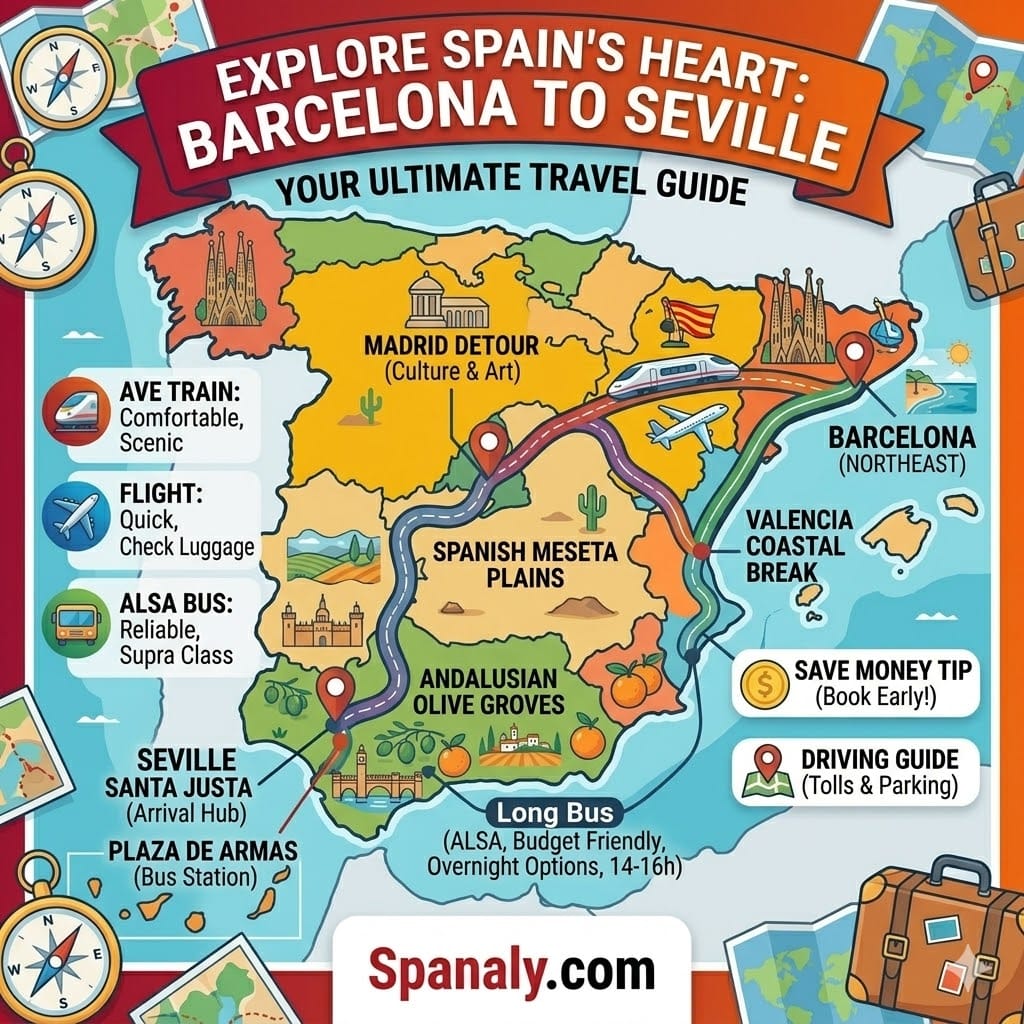 Epic infographic map-style featured image for Barcelona to Seville travel guide on Spanaly.com, comparing high-speed train, flight, and long-distance bus with clear route and Spanaly Insight.
