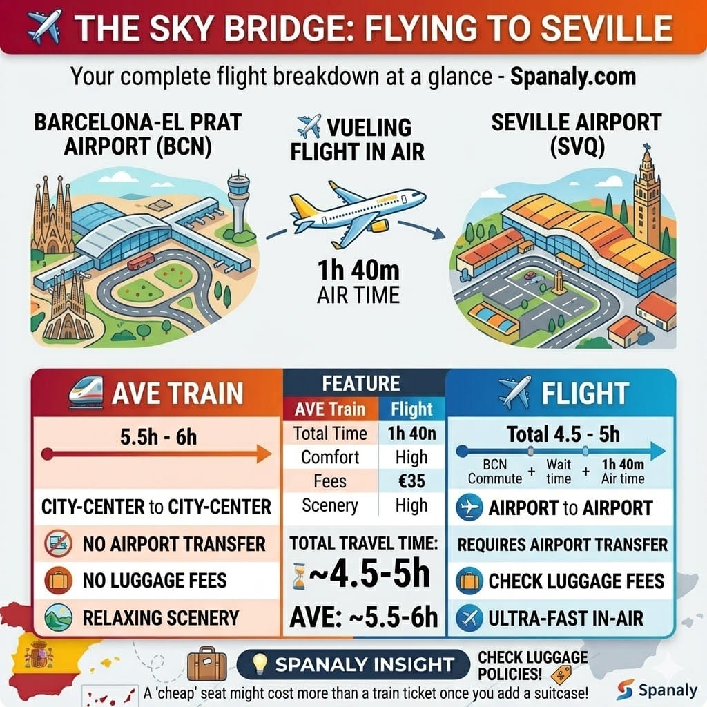 Square infographic comparing the flight from Barcelona (BCN) to Seville (SVQ) with the AVE train, showing durations, costs, and Spanaly tips.