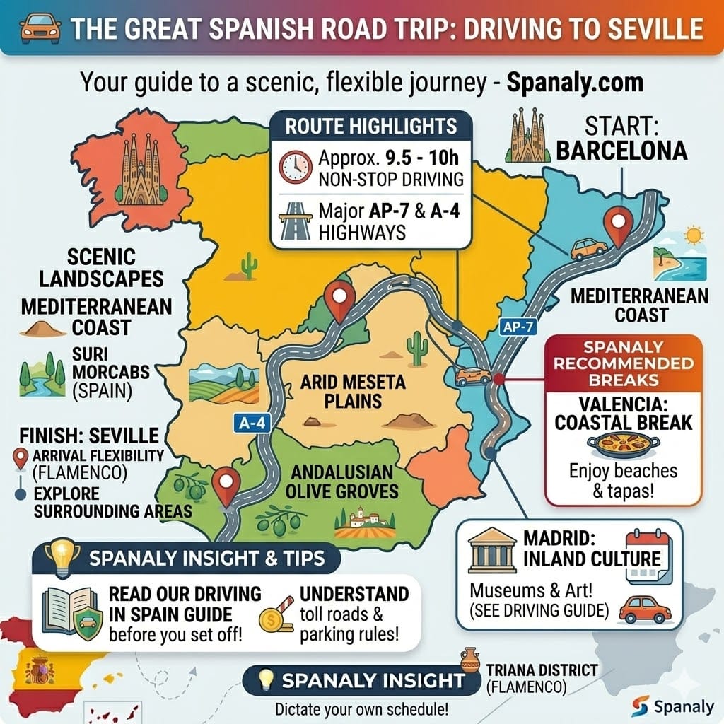 Square infographic guiding the road trip from Barcelona to Seville, featuring driving duration, toll road tips, and recommended breaks in Madrid and Valencia.
