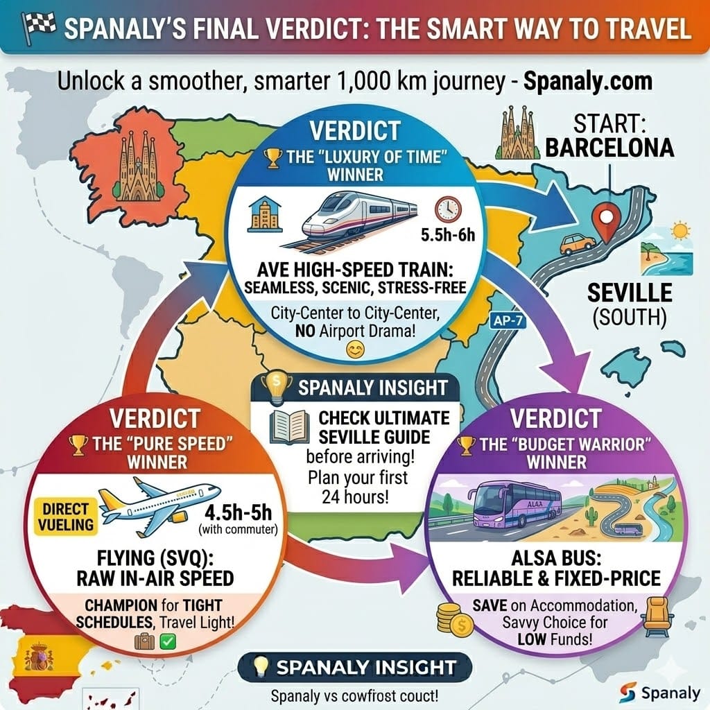 Square infographic presenting Spanaly's final verdict comparing travel from Barcelona to Seville: Train, flight, and bus with time and cost priorities.