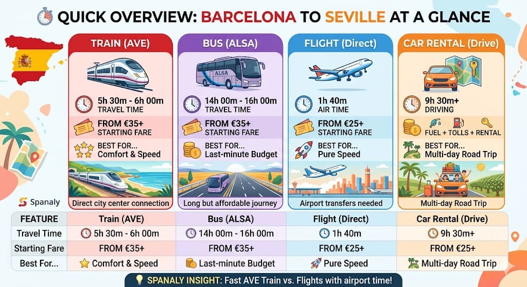 Infographic comparing travel from Barcelona to Seville: Train, Bus, Flight, and Car Rental options at a glance.