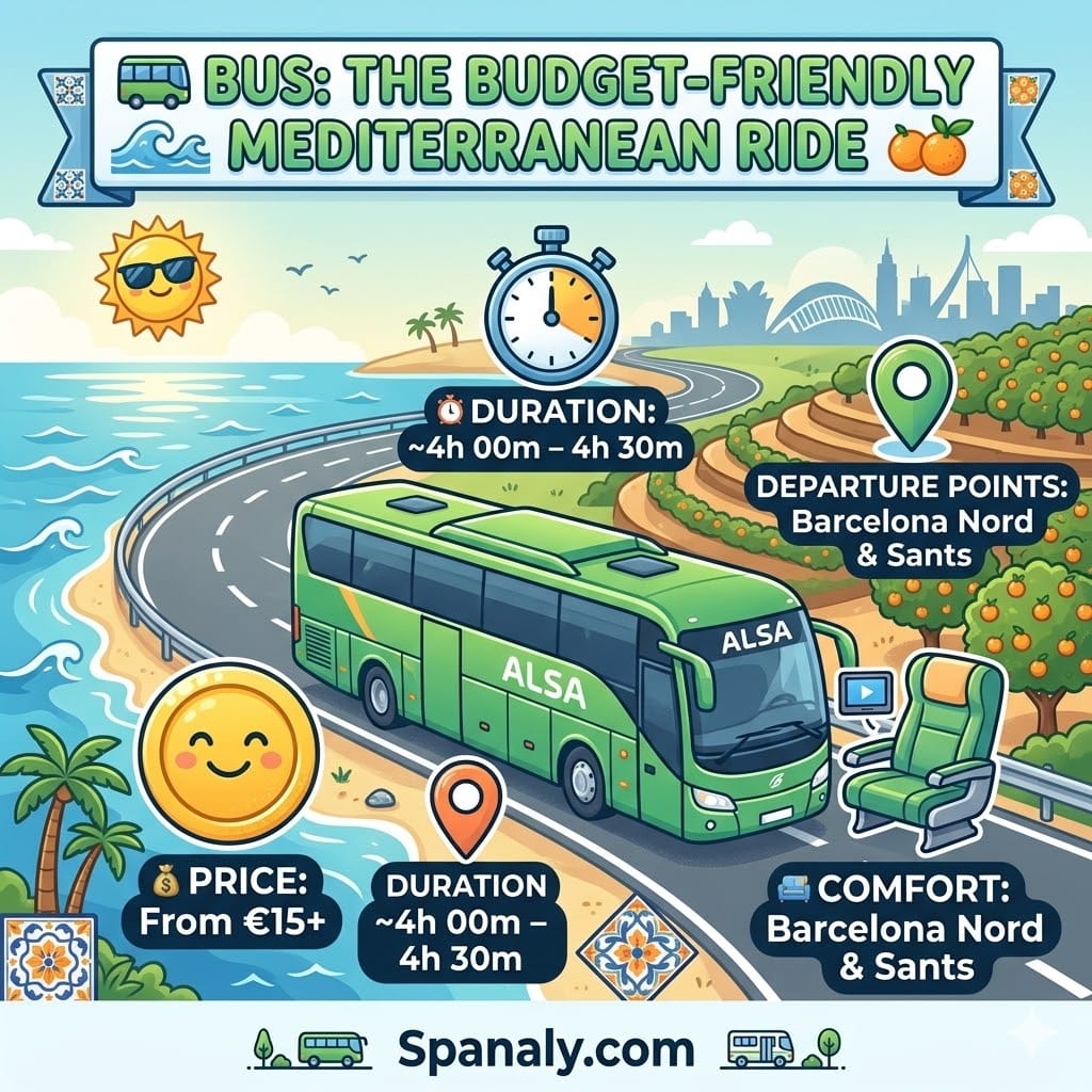 Infographic about traveling from Barcelona to Valencia by ALSA bus, including prices from 15 euros, duration, and departure stations.