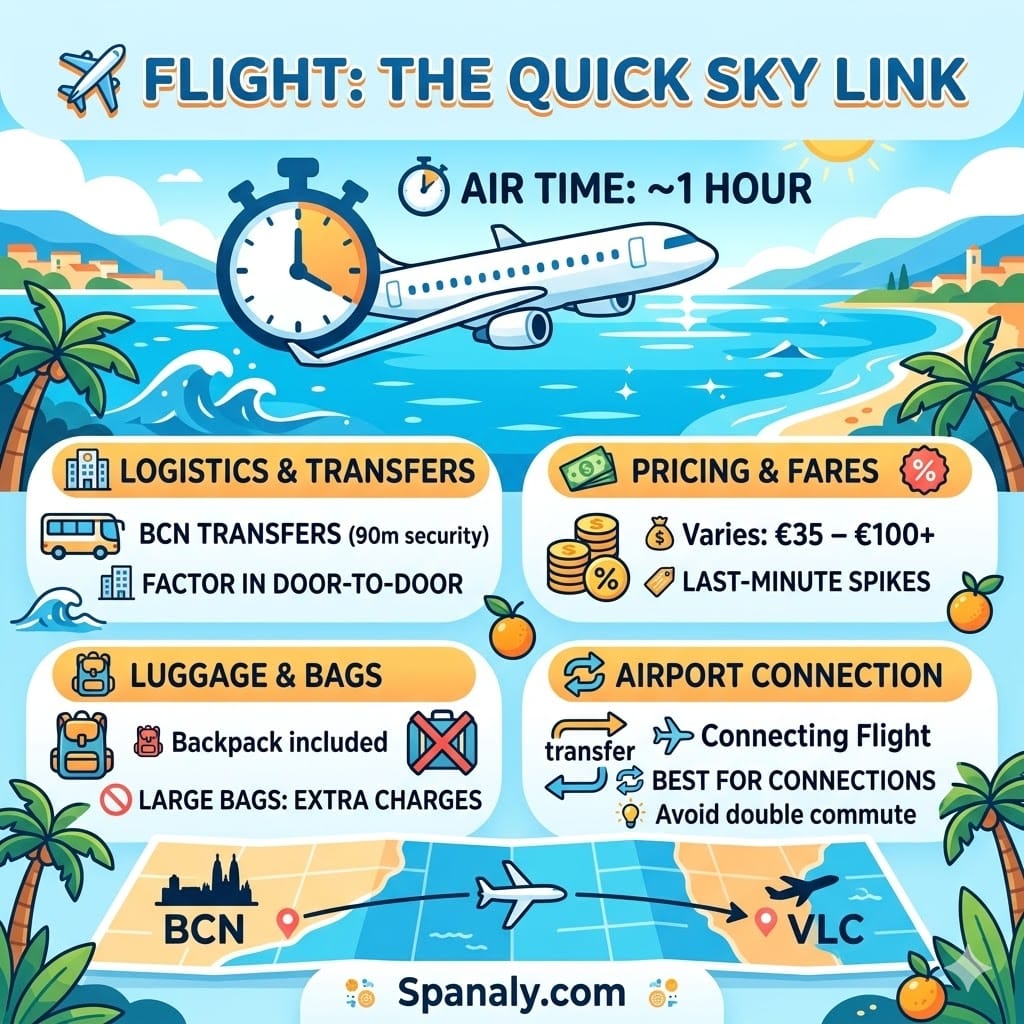 Infographic of flight travel from Barcelona to Valencia showing air time, logistics, luggage tips, and pricing details.