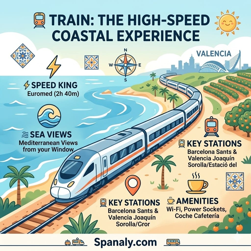 Infographic of the Euromed high-speed train traveling along the Mediterranean coast from Barcelona to Valencia with route details and amenities.