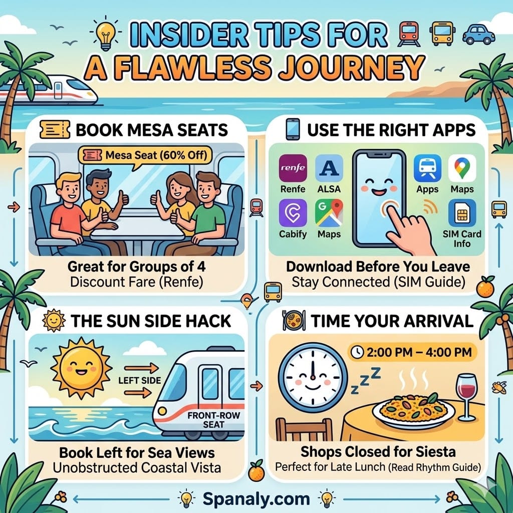 Infographic showing insider travel tips for Barcelona to Valencia including Mesa seats, the sun-side hack for sea views, and siesta timing.