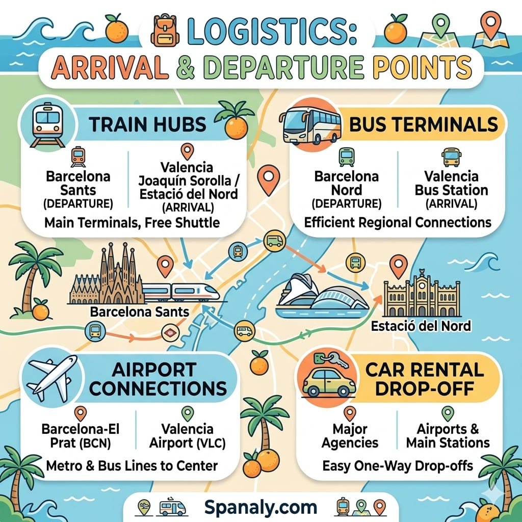Map infographic showing departure and arrival points in Barcelona and Valencia, including Sants station, Nord bus station, and airports.