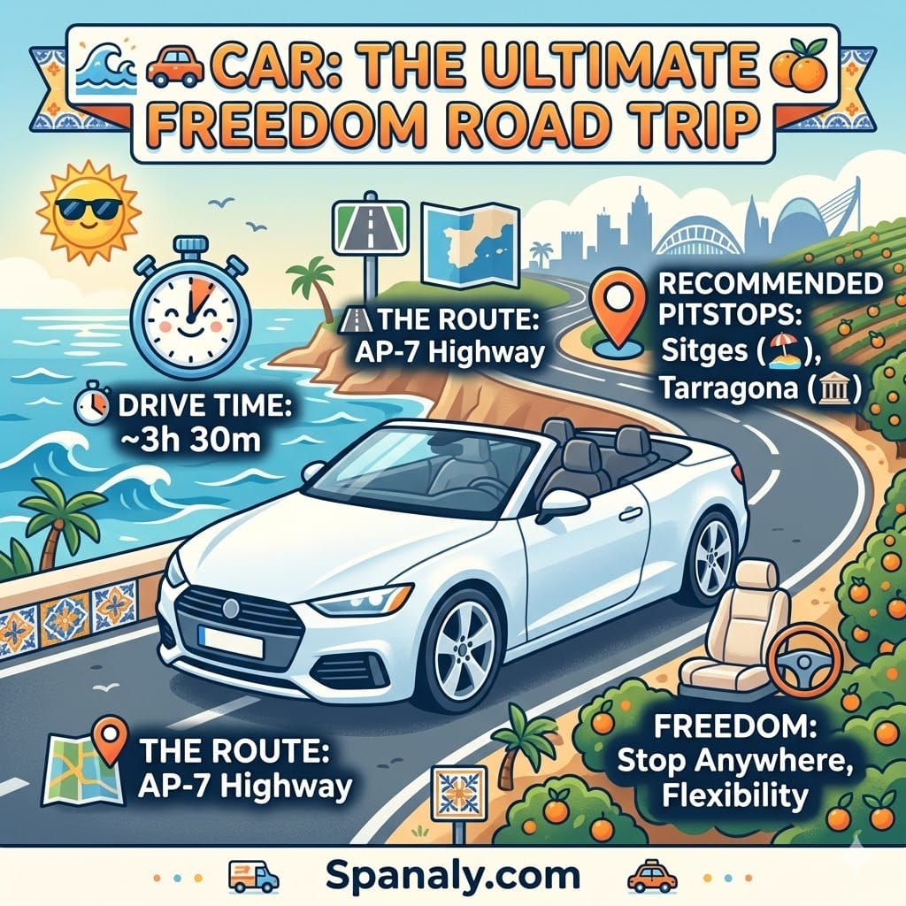 Infographic of a coastal road trip from Barcelona to Valencia showing drive time, the AP-7 highway route, and pitstops like Sitges and Tarragona.