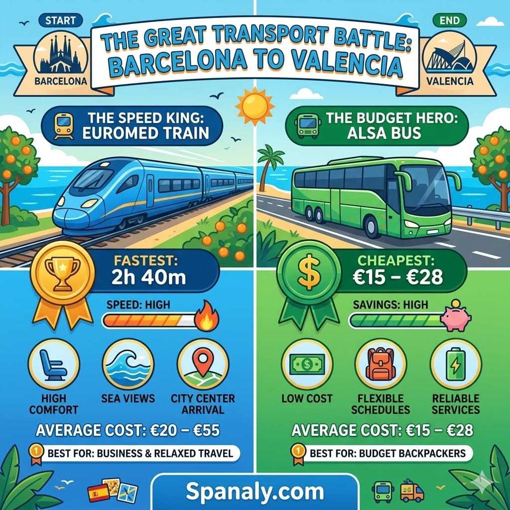 Transport comparison battle infographic between Barcelona and Valencia showing Euromed train speed vs ALSA bus budget savings.