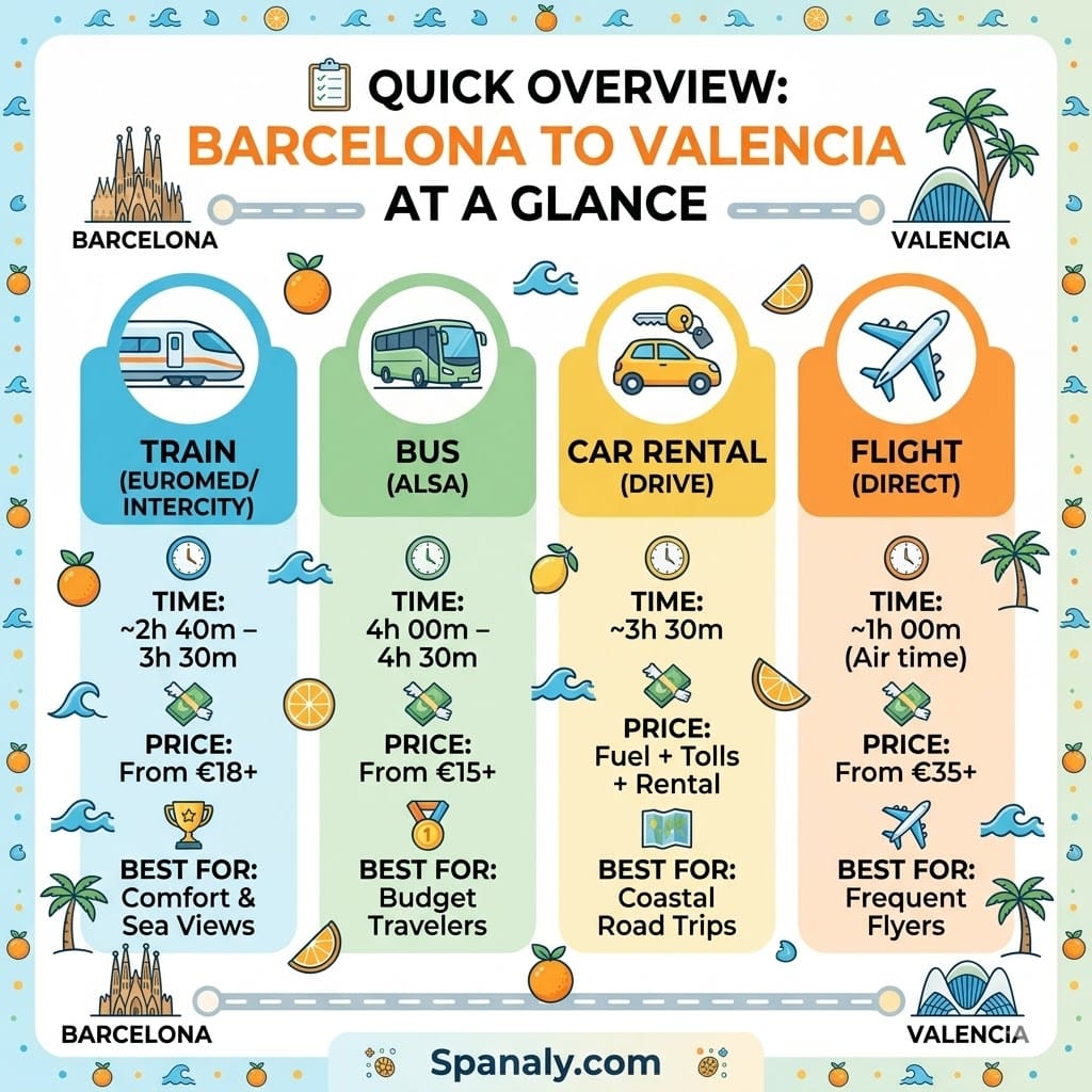 Quick overview infographic comparing train, bus, car rental, and flight options from Barcelona to Valencia with travel times and starting prices.