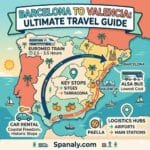 Epic infographic map showing the travel route from Barcelona to Valencia with transport options like Euromed train, ALSA bus, and car rental highlights.