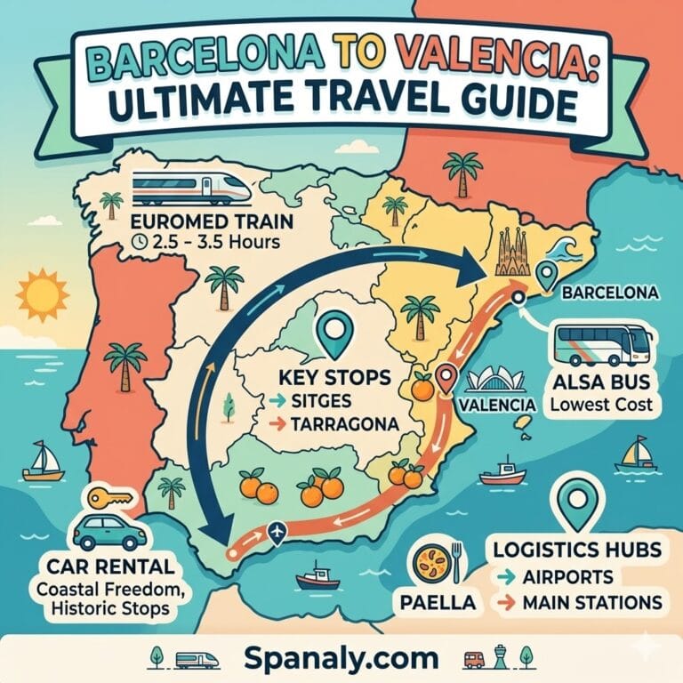 Epic infographic map showing the travel route from Barcelona to Valencia with transport options like Euromed train, ALSA bus, and car rental highlights.