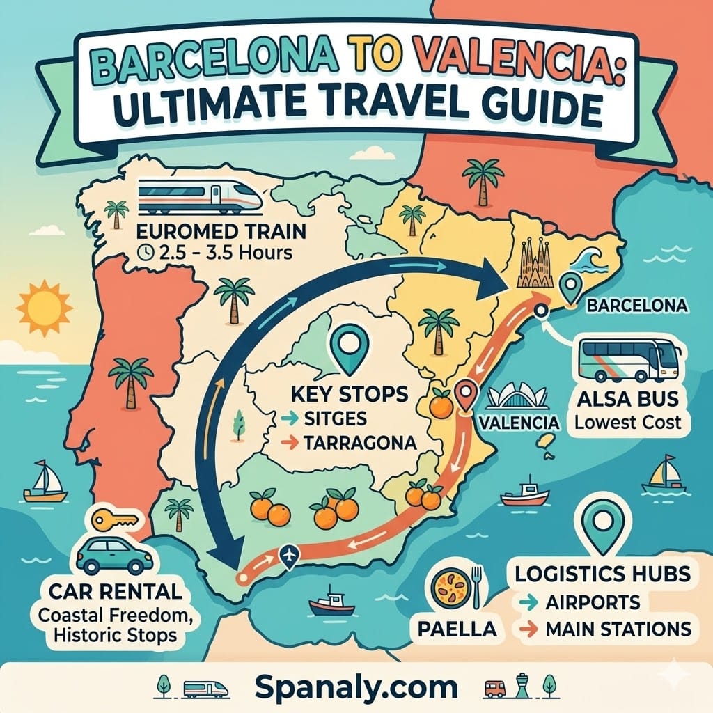 Epic infographic map showing the travel route from Barcelona to Valencia with transport options like Euromed train, ALSA bus, and car rental highlights.