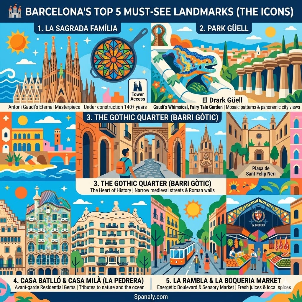 A vibrant, colorful infographic guide illustrating Barcelona's Top 5 Must-See Landmarks: La Sagrada Família, Park Güell, the Gothic Quarter, Casa Batlló & Casa Milà, and La Rambla with La Boqueria Market. Created by Spanaly.com.