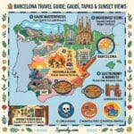An epic infographic map of Spain highlighting Barcelona with colorful icons of key attractions like La Sagrada Família, Park Güell, the Gothic Quarter, and local food like Paella, Fideuà, and Churros, titled 'Barcelona Travel Guide' by Spanaly.