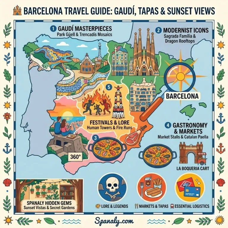 An epic infographic map of Spain highlighting Barcelona with colorful icons of key attractions like La Sagrada Família, Park Güell, the Gothic Quarter, and local food like Paella, Fideuà, and Churros, titled 'Barcelona Travel Guide' by Spanaly.