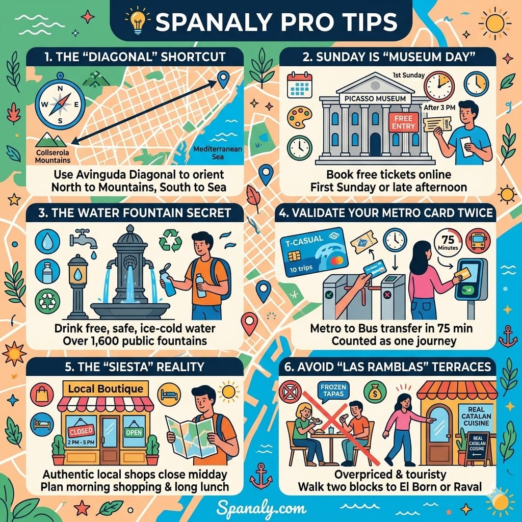 A vibrant infographic illustrating Spanaly's Pro Tips for Barcelona: using Avinguda Diagonal for navigation, free museum Sundays, public water fountains, Metro transfer rules, Siesta shop hours, and avoiding Las Ramblas tourist terraces.