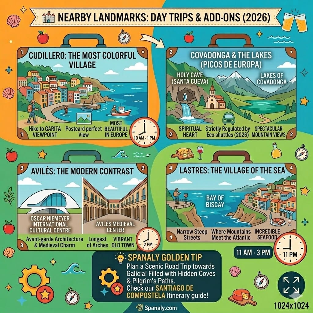 A colorful 2026 infographic of day trips from Oviedo and Gijon. Features Cudillero colorful village, Covadonga Lakes in Picos de Europa, the modern Niemeyer Center in Avilés, and the coastal cliffs of Lastres.