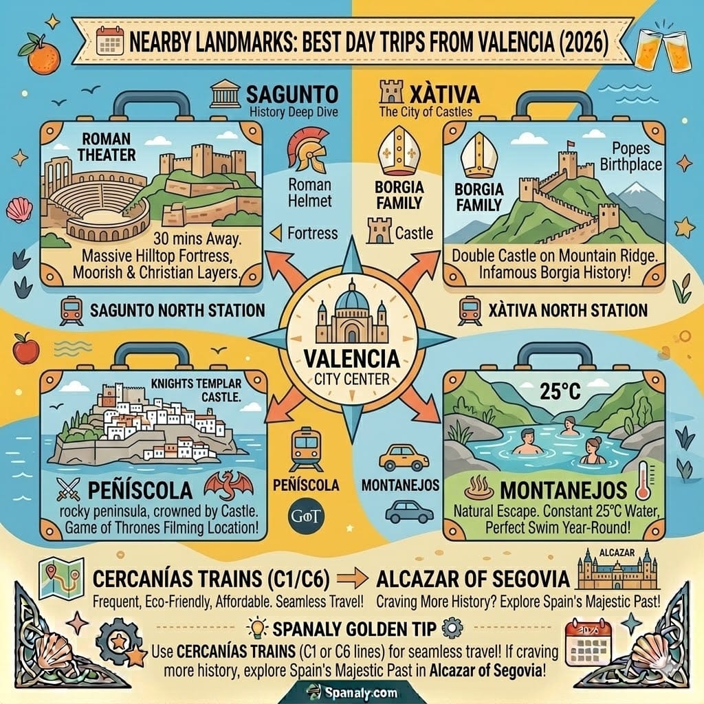 A vibrant radial infographic showing four day trips from Valencia city center: Sagunto's Roman theater, Xativa's double castle, Montanejos thermal springs, and Peñiscola's seaside fortress. Each destination includes travel time and key highlights.