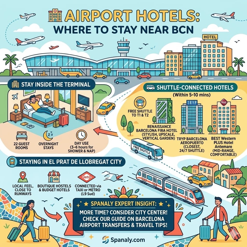 Infographic of hotels near Barcelona Airport including Air Rooms inside T1 and shuttle-connected hotels like Renaissance Fira.