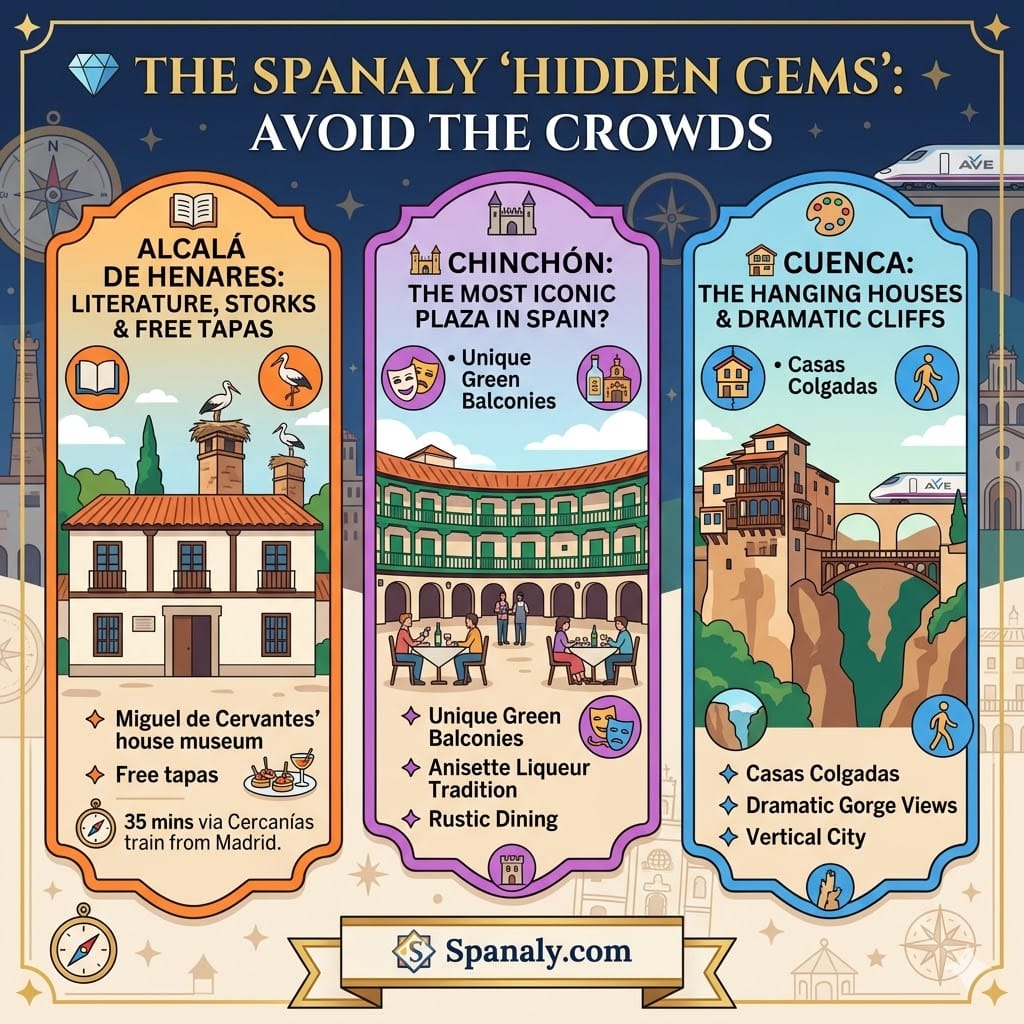 A square colorful infographic by Spanaly.com showcasing three hidden gem day trips from Madrid: Alcalá de Henares, Chinchón, and Cuenca, with key icons and descriptions.