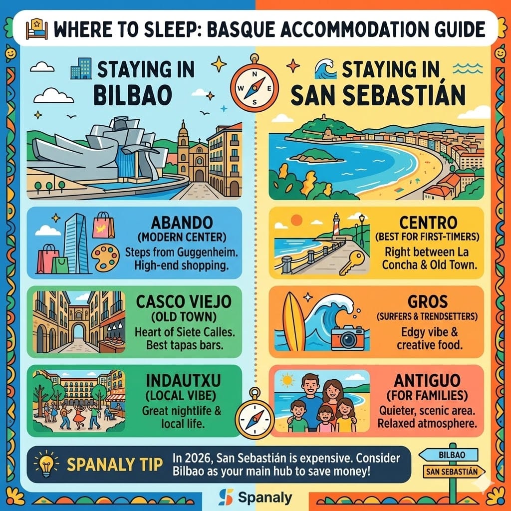 Detailed infographic guide for where to stay in Bilbao and San Sebastian. Left side features Bilbao neighborhoods like Abando and Casco Viejo. Right side features San Sebastian areas like Centro and Gros. Includes tips for families and luxury travelers.