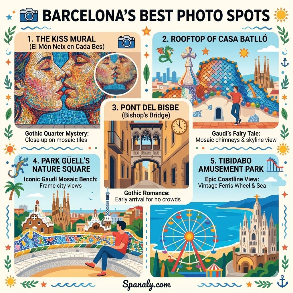 Colorful infographic showing Barcelona's best photo spots: The Kiss Mural, Casa Batlló rooftop, Pont del Bisbe, Park Güell's mosaic bench, and Tibidabo ferris wheel. Travel photography guide by Spanaly.