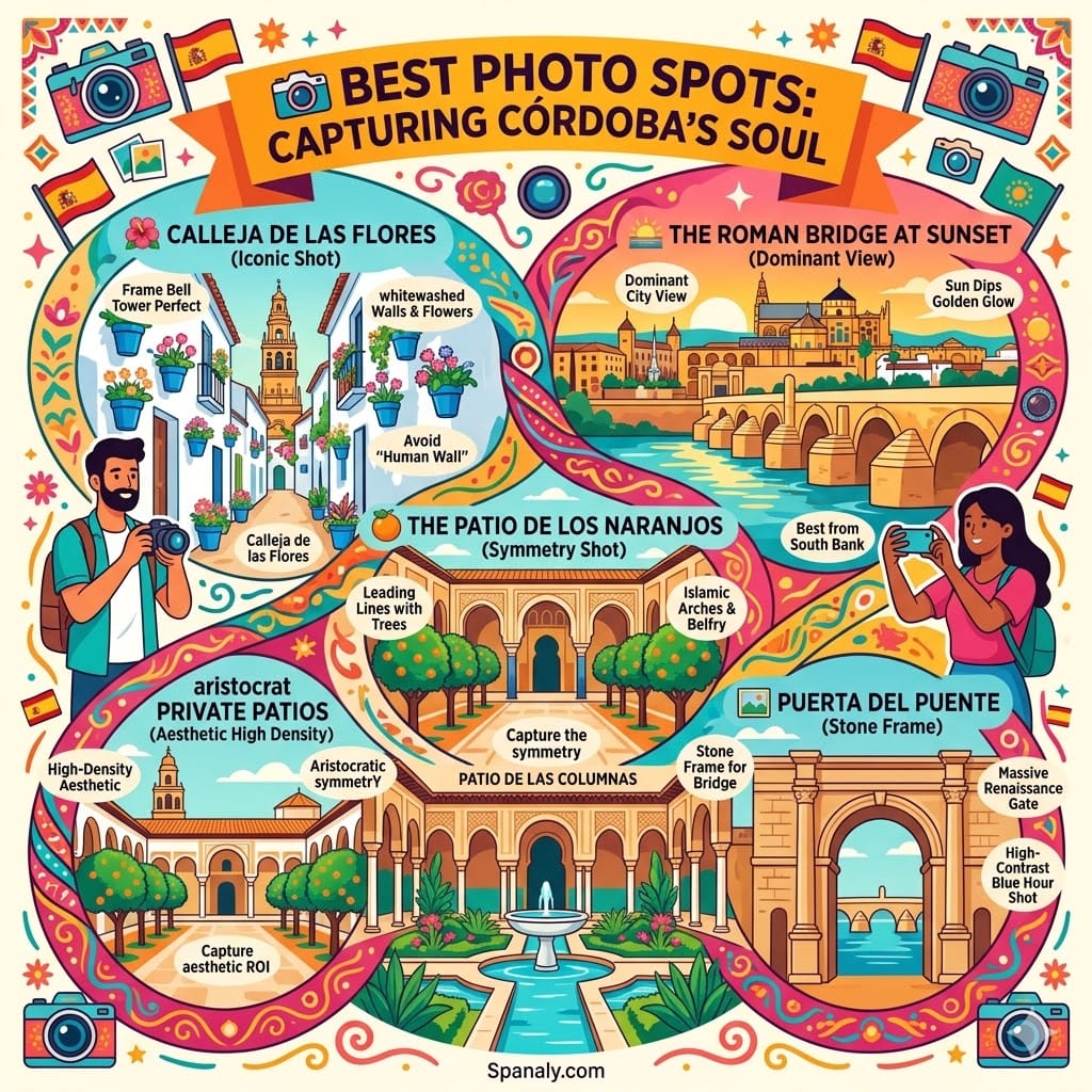 Vibrant organic flow infographic highlighting Córdoba's best photo spots, featuring the Calleja de las Flores view of the bell tower, the Roman Bridge at sunset, the symmetrical Patio de los Naranjos, Viana Palace's private patios, and the majestic Puerta del Puente.