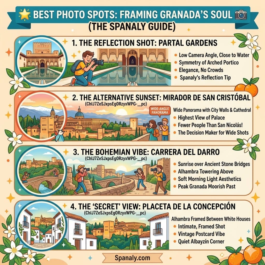 A colorful infographic showing the best photo spots in Granada: Partal Gardens reflection, Mirador de San Cristóbal sunset, Carrera del Darro at sunrise, and the secret view from Placeta de la Concepción. (Spanaly.com)