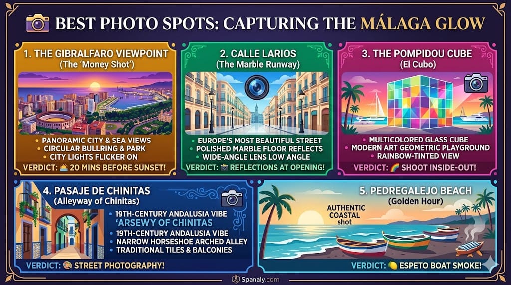 A colorful infographic by Spanaly showing the 5 best photo spots in Málaga: Gibralfaro viewpoint at sunset, Calle Larios marble reflections, the multicolored Pompidou Cube, the historic Pasaje de Chinitas alley, and Pedregalejo beach during golden hour.