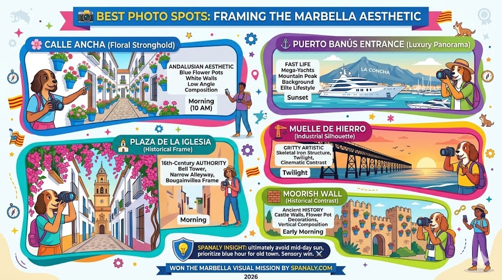 A colorful infographic showcasing the best photo spots in Marbella, featuring Calle Ancha floral streets, Puerto Banus yachts, Plaza de la Iglesia, the iron pier at sunset, and Moorish walls.