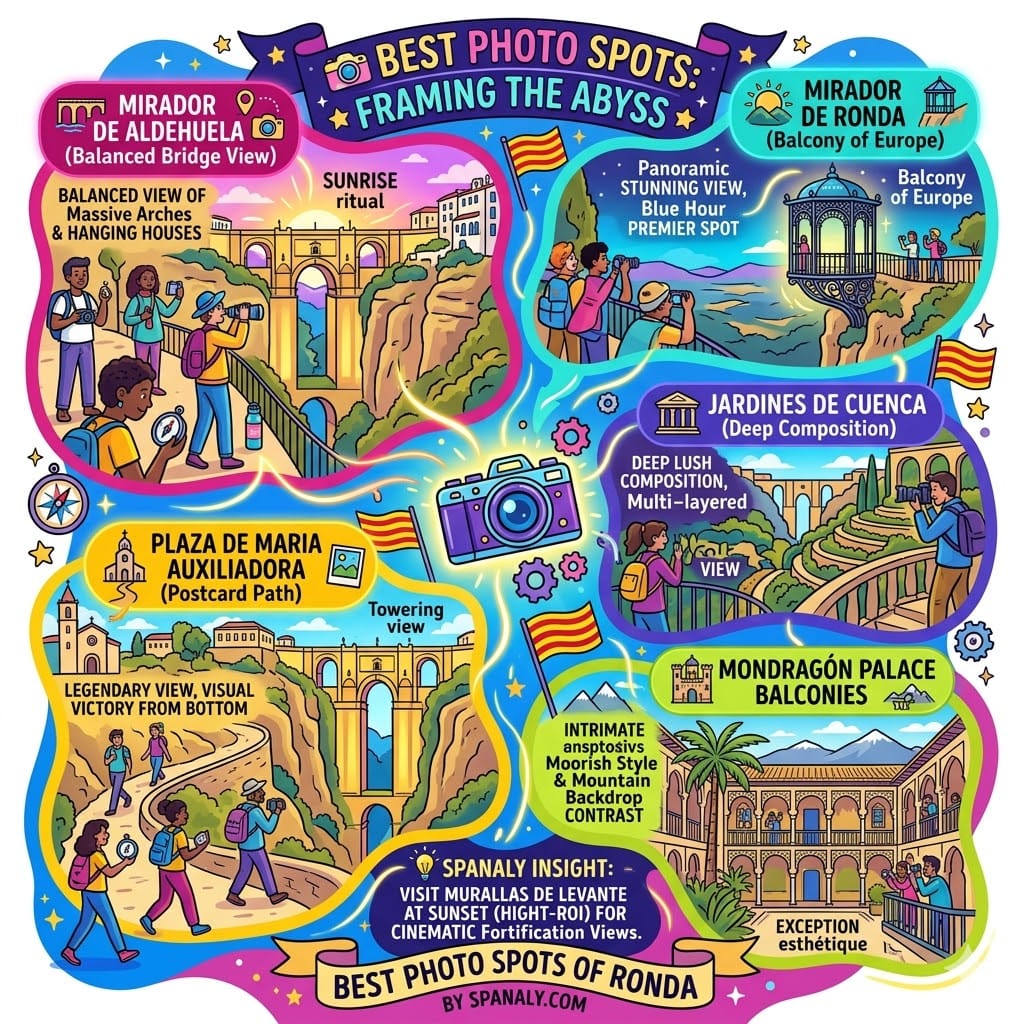 Vibrant infographic highlighting the best photo spots in Ronda, featuring Mirador de Aldehuela, Jardines de Cuenca, Plaza de Maria Auxiliadora, and the Balcony of Europe.