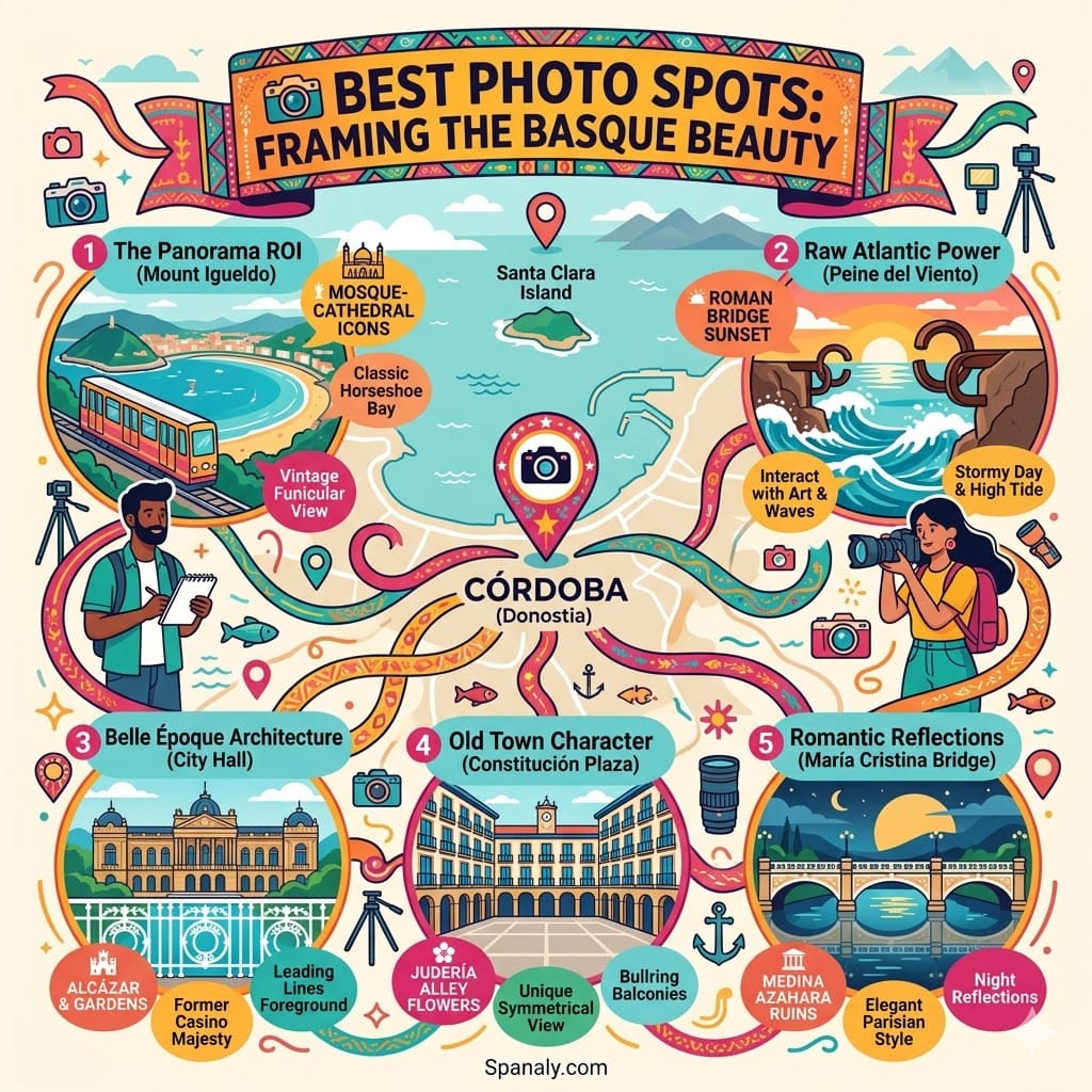 Vibrant organic flow infographic highlighting the best photo spots in San Sebastián: Mount Igueldo panorama, Peine del Viento sculptures, City Hall Belle Époque architecture, Constitución Plaza balconies, and María Cristina Bridge reflections.