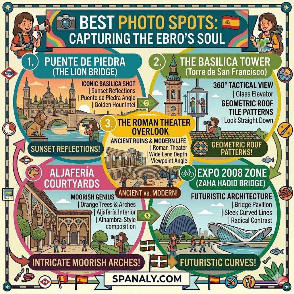 Vibrant tactical infographic detailing the best photo spots in Zaragoza, including Puente de Piedra, Basilica Tower views, Roman Theater angles, Aljafería courtyards, and the Zaha Hadid Bridge.