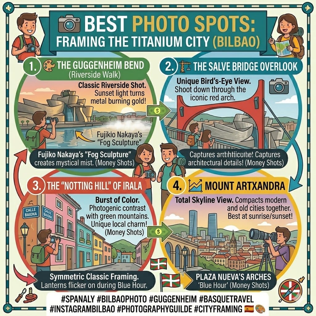 Tactical infographic of the best photo spots in Bilbao, featuring the Guggenheim reflecting in the river at sunset and the colorful Irala neighborhood.