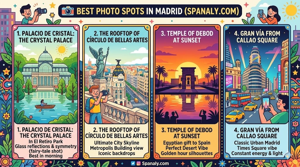 Colorful infographic illustrating the best photo spots in Madrid, featuring Palacio de Cristal, Círculo de Bellas Artes rooftop view, Temple of Debod sunset, and Gran Vía from Callao Square by Spanaly.