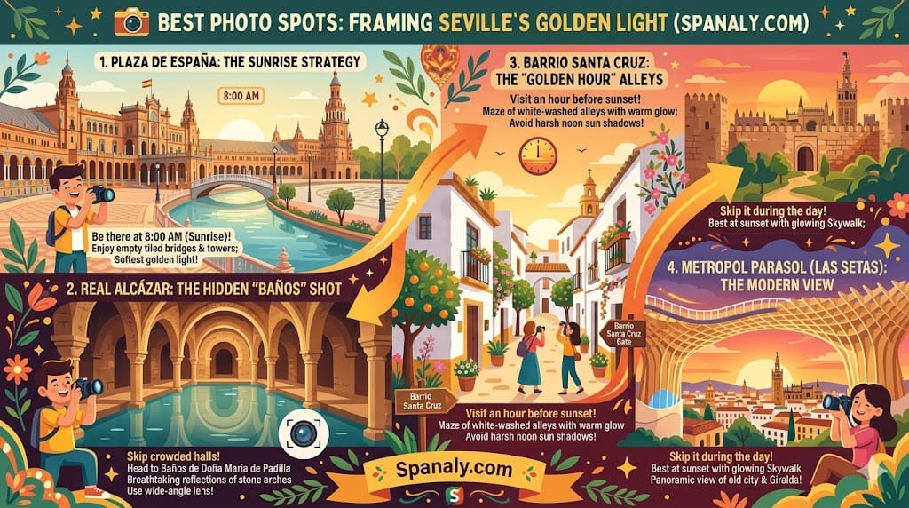 Infographic of the best photo spots in Seville featuring sunrise strategy at Plaza de Espana, the hidden water reflections at Real Alcazar baths, golden hour shots in Barrio Santa Cruz alleys, and sunset views from Metropol Parasol by Spanaly.